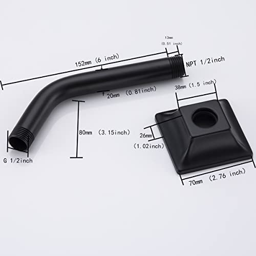 SEABEFORE 6 inch Standard shower arm Wall Mounted black shower head extension with unique square flange, Standard 1/2" Connection