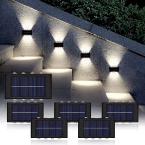 solar wall lights outdoor deck lights solar powered sconce up down lighting waterproof for fence, step, stair, porch, patio decoration (white 6 pack)