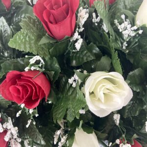 Cemetery Headstone Saddle Flower Arrangement in Red and Cream Roses-Grave Marker Decoration, Sympathy Flowers