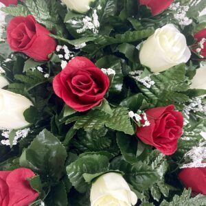 Cemetery Headstone Saddle Flower Arrangement in Red and Cream Roses-Grave Marker Decoration, Sympathy Flowers