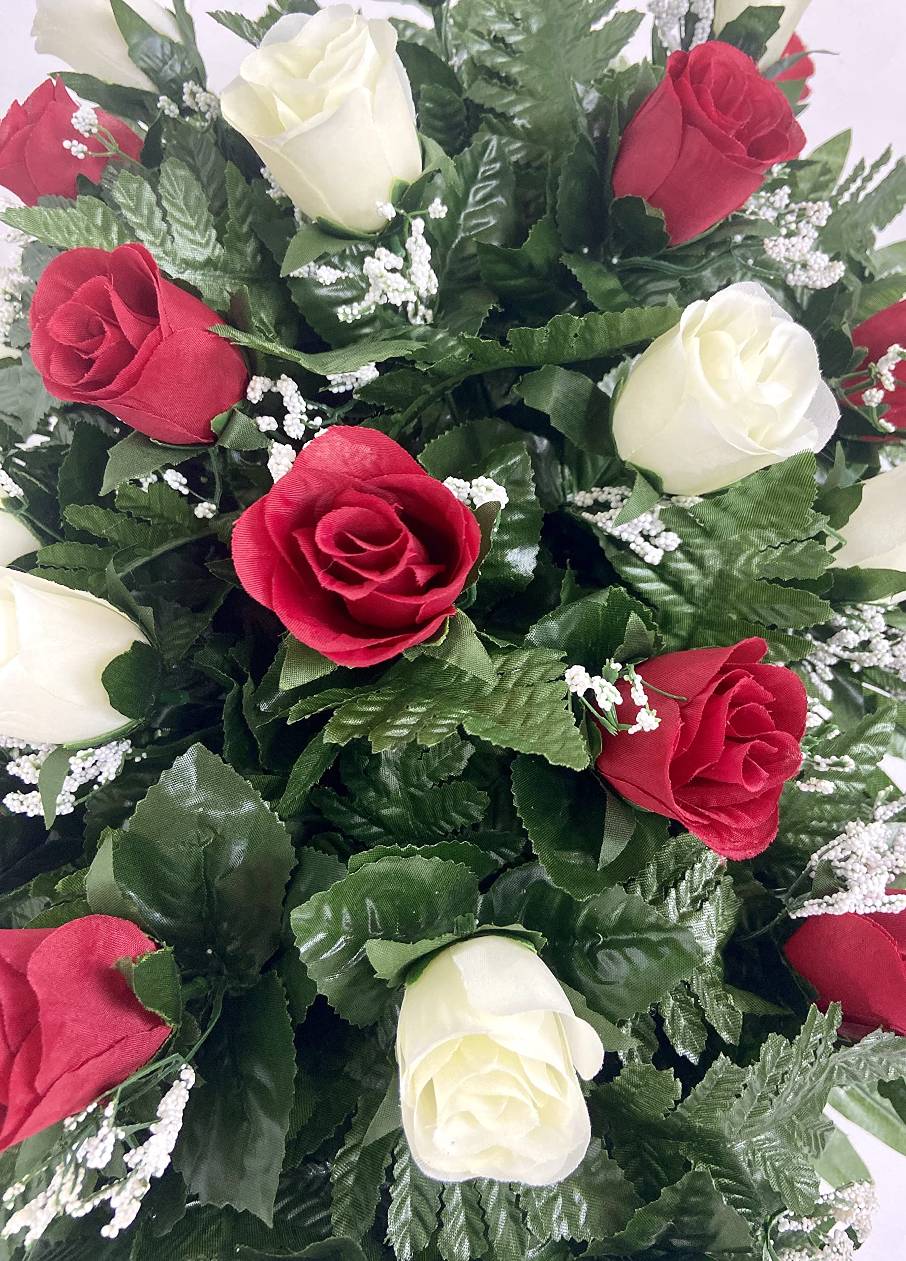 Cemetery Headstone Saddle Flower Arrangement in Red and Cream Roses-Grave Marker Decoration, Sympathy Flowers