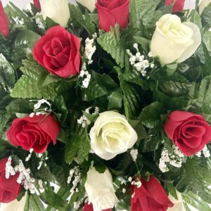 Cemetery Headstone Saddle Flower Arrangement in Red and Cream Roses-Grave Marker Decoration, Sympathy Flowers