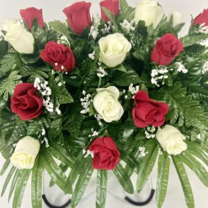 Cemetery Headstone Saddle Flower Arrangement in Red and Cream Roses-Grave Marker Decoration, Sympathy Flowers