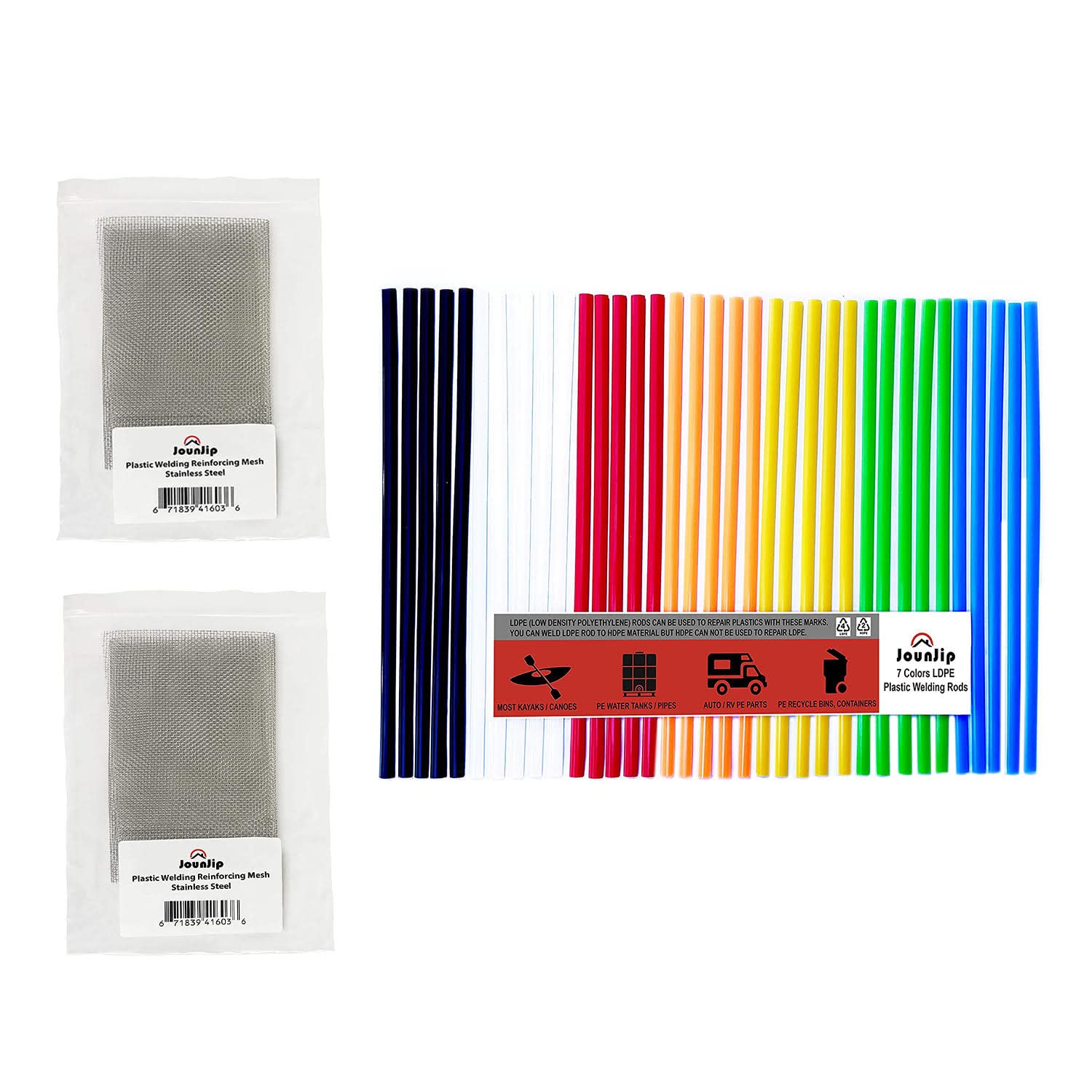 JOUNJIP 7-Color LDPE Welding Rods + Wire Mesh - Includes a 2-Pack of Reinforcing Stainless Steel Mesh and 35 Flat, LDPE Plastic Welding Rods in 7 Colors - For Use with Jounjip Plastic Welding Kit