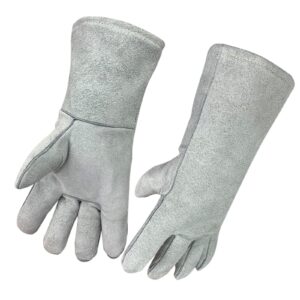 slfc cow split leather welding gloves heat/fire resistant,14 inches leather safety working gloves for bbq,oven,tig welder,garden and animal handling(grey)