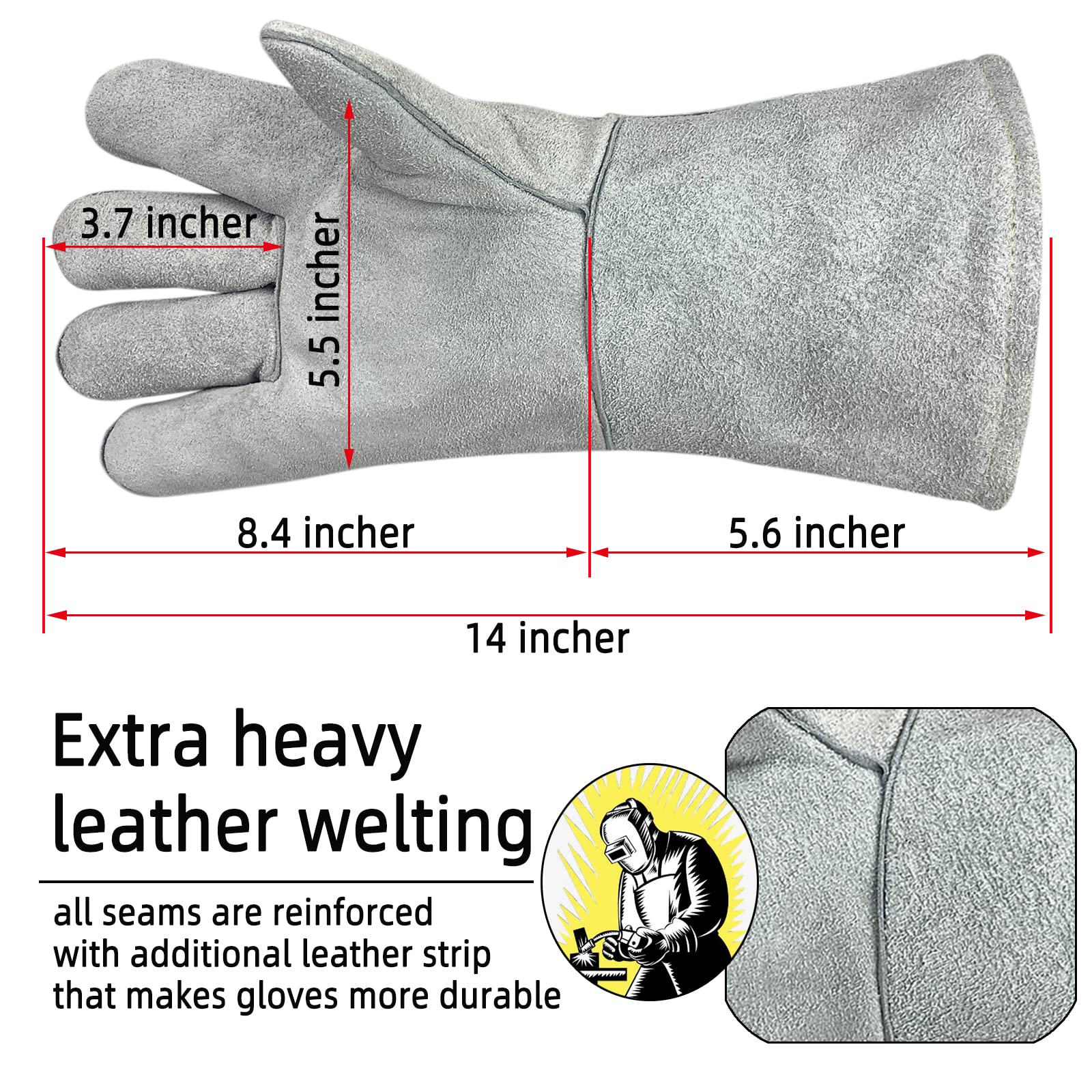 SLFC Cow Split Leather Welding Gloves Heat/Fire Resistant,14 Inches Leather Safety Working Gloves for BBQ,Oven,Tig Welder,Garden and Animal Handling(grey)