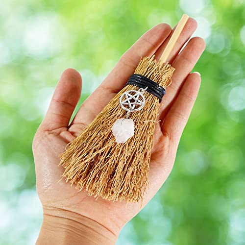 Soulnioi Crystal Witch Mini Broom Straw Broom With Crystal Pendant Decoration and Opal White Magic Necklace