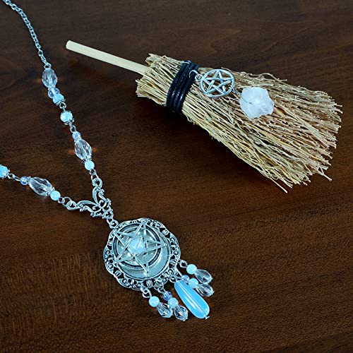 Soulnioi Crystal Witch Mini Broom Straw Broom With Crystal Pendant Decoration and Opal White Magic Necklace