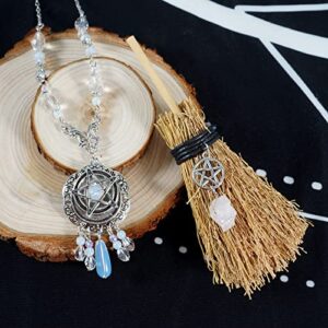 Soulnioi Crystal Witch Mini Broom Straw Broom With Crystal Pendant Decoration and Opal White Magic Necklace