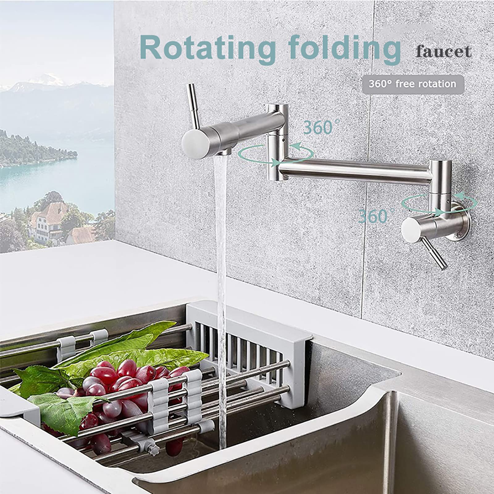 HOMHII Wall Mount Pot Filler Faucet,Folding Stretchable Kitchen Faucet with Double Joint Swing Arm,Stainless Steel Delta Pot Filler Faucet (‎Brushed Stainless Steel)