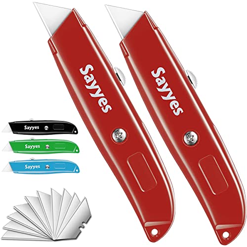 sayyes Box Cutter, 2-Pack Retractable Utility Knife with 10-Piece SK5 Blades, Durable Aluminum Box Cutter for Ropes, Boxes, Plastics, DIY, 4 Colors to Choose