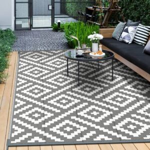 genimo outdoor rug for patio clearance,6'x9' waterproof mat,reversible plastic camping rugs,rv,deck,porch,camper,balcony,backyard,grey & white