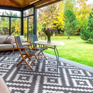 GENIMO Outdoor Rug for Patio Clearance,6'x9' Waterproof Mat,Reversible Plastic Camping Rugs,Rv,Deck,Porch,Camper,Balcony,Backyard,Grey & White