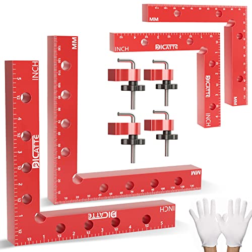 DICATTE 90 Degree Positioning Square Right Angle Clamp(5.5" +4.7") Aluminum Alloy Woodworking Carpenter Tool,4 Pcs Right Angle Clamps With 4 Clamps,For Picture Frame Box Cabinets Drawers (RED)