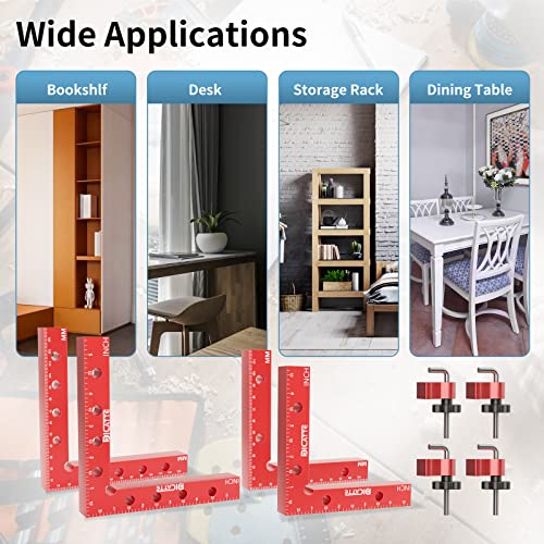 DICATTE 90 Degree Positioning Square Right Angle Clamp(5.5" +4.7") Aluminum Alloy Woodworking Carpenter Tool,4 Pcs Right Angle Clamps With 4 Clamps,For Picture Frame Box Cabinets Drawers (RED)