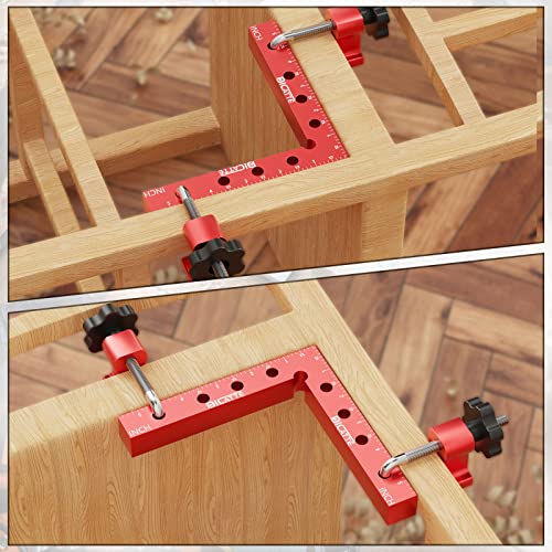 DICATTE 90 Degree Positioning Square Right Angle Clamp(5.5" +4.7") Aluminum Alloy Woodworking Carpenter Tool,4 Pcs Right Angle Clamps With 4 Clamps,For Picture Frame Box Cabinets Drawers (RED)