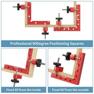 DICATTE 90 Degree Positioning Square Right Angle Clamp(5.5" +4.7") Aluminum Alloy Woodworking Carpenter Tool,4 Pcs Right Angle Clamps With 4 Clamps,For Picture Frame Box Cabinets Drawers (RED)