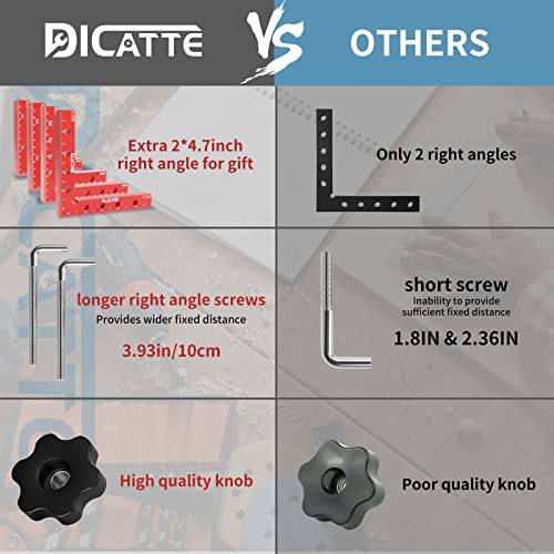 DICATTE 90 Degree Positioning Square Right Angle Clamp(5.5" +4.7") Aluminum Alloy Woodworking Carpenter Tool,4 Pcs Right Angle Clamps With 4 Clamps,For Picture Frame Box Cabinets Drawers (RED)