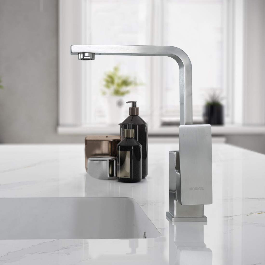 WOWOW Bar Faucets Stainless Steel Modern Bar Sink Faucet Single Hole Prep Kitchen Faucet Brushed Nickel Single Handle Lavatory Sink Faucet Mixer Small Kitchen Tap