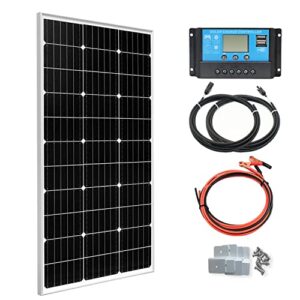 xinpuguang solar panel kit 100 watt 12 volt perc monocrystalline 10a 12v/24v charge controller + solar extension cables + mounting brackets off grid system for homes rv boat cabin (100w solar kit)