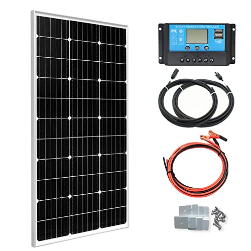 XINPUGUANG Solar Panel Kit 100 Watt 12 Volt PERC Monocrystalline 10A 12V/24V Charge Controller + Solar Extension Cables + Mounting Brackets Off Grid System for Homes RV Boat Cabin (100W Solar Kit)