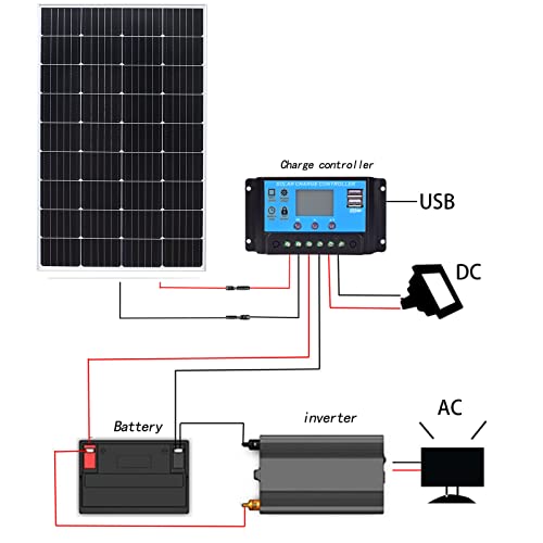 XINPUGUANG Solar Panel Kit 100 Watt 12 Volt PERC Monocrystalline 10A 12V/24V Charge Controller + Solar Extension Cables + Mounting Brackets Off Grid System for Homes RV Boat Cabin (100W Solar Kit)