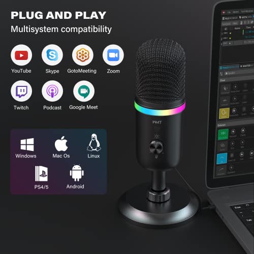 WMT USB Microphone - Condenser Gaming Microphone for PC/MAC/PS4/PS5/Phone- Cardioid Mic with Brilliant RGB Lighting Headphone Output Volume Control, Mute Button, for Streaming Podcast YouTube Discord