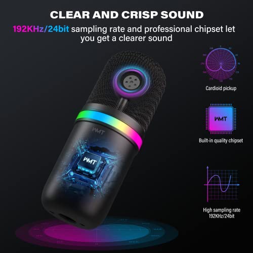 WMT USB Microphone - Condenser Gaming Microphone for PC/MAC/PS4/PS5/Phone- Cardioid Mic with Brilliant RGB Lighting Headphone Output Volume Control, Mute Button, for Streaming Podcast YouTube Discord