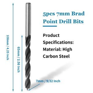 Bivethoi 5pcs 7mm Drill Bit Brad Point Drill Bits for Woodworking, Wood Drill Bits High Carbon Steel Drilling Tool, Metric Drill Bits for Softwood Hardwood Plywood Acrylic Plastic