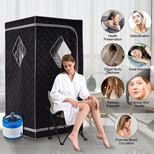 ZONEMEL Full Size Portable Steam Sauna, Personal Home Spa, 1500 Watt 4 Liter Steamer with Remote Control, Timer, Foldable Chair (L 33.8" x W 33.8" x H 65.7", Black)