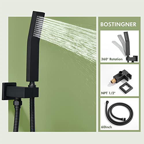 Bostingner Matte Black Shower System, Shower Faucet Set with 3 Way Pressure Balance Valve and Trim Kit All Metal 10 Inch Rainfall Shower Head System Wall Mounted Can Use All Faucets At Same Time