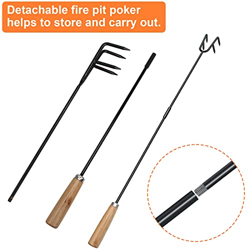 Steel Fire Pit Poker Stick 33 Inch, Pletpet Black Fire Poker for Fire Pit with Wooden Handle and 4 Tips Removable Camping Fireplace Tool