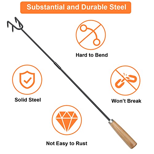 Steel Fire Pit Poker Stick 33 Inch, Pletpet Black Fire Poker for Fire Pit with Wooden Handle and 4 Tips Removable Camping Fireplace Tool