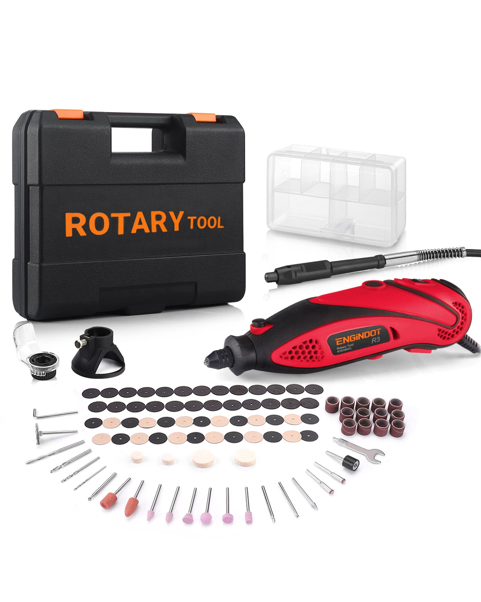 ENGINDOT Rotary Tool Kit with Keyless Chuck Flex Shaft, 6 Variable Speed 10000-32000 RPM Carrying Case for Cutting, Engraving, Drilling, Sanding, Polishing, DIY Crafts - Red