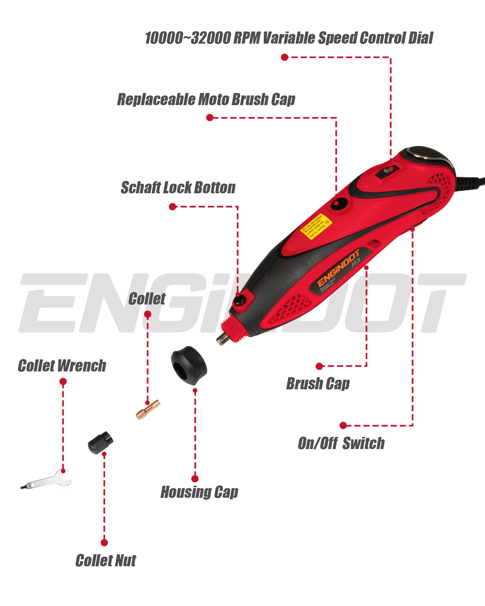 ENGINDOT Rotary Tool Kit with Keyless Chuck Flex Shaft, 6 Variable Speed 10000-32000 RPM Carrying Case for Cutting, Engraving, Drilling, Sanding, Polishing, DIY Crafts - Red