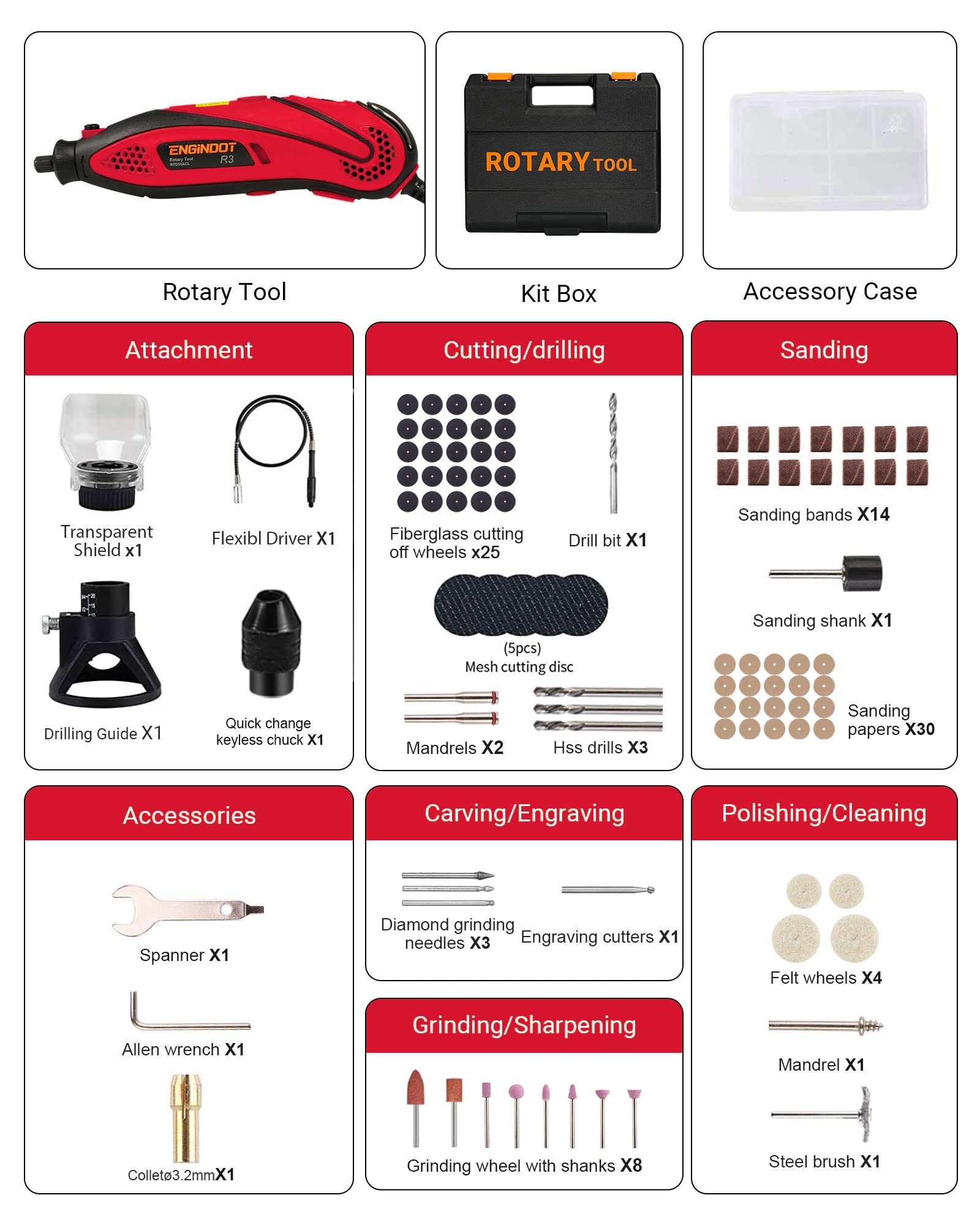 ENGINDOT Rotary Tool Kit with Keyless Chuck Flex Shaft, 6 Variable Speed 10000-32000 RPM Carrying Case for Cutting, Engraving, Drilling, Sanding, Polishing, DIY Crafts - Red