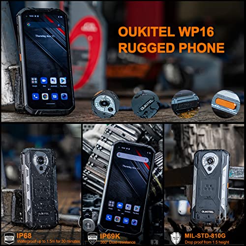 Rugged Smartphone Unlocked Cell Phone 10600mAh Battery 128GB+8GB Android 11 6.39'' Screen 20MP Night Vision Camera Dual SIM Phones IP68 Waterproof Mobile OTG NFC OUKITEL WP16, Orange