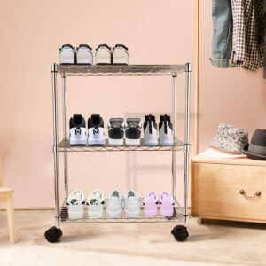 YSSOA Heavy Duty 3-Shelf Shelving with Wheels, Adjustable Storage Units 750Lb Capacity, Steel Organizer Wire Rack, 24.02”L x 13.78" W x 30”H, Chrome