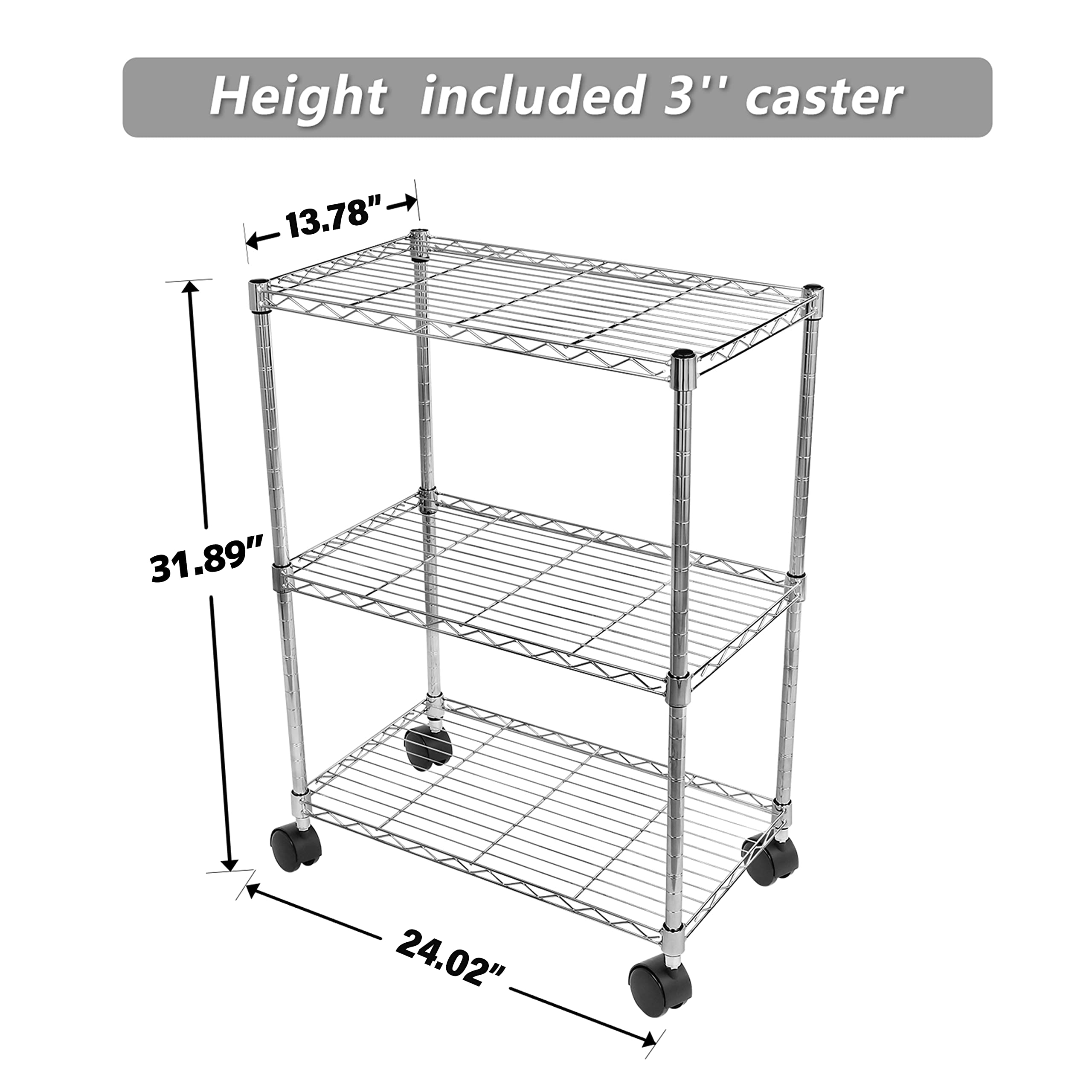 YSSOA Heavy Duty 3-Shelf Shelving with Wheels, Adjustable Storage Units 750Lb Capacity, Steel Organizer Wire Rack, 24.02”L x 13.78" W x 30”H, Chrome