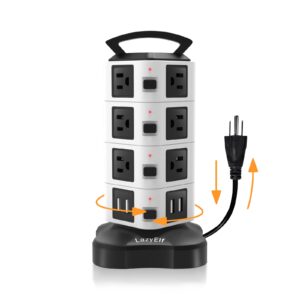 surge protector power strip tower with night light, lazy elf extension cord 8 ac multi smart plug outlets with 4 usb ports, flat plug outlet (white)
