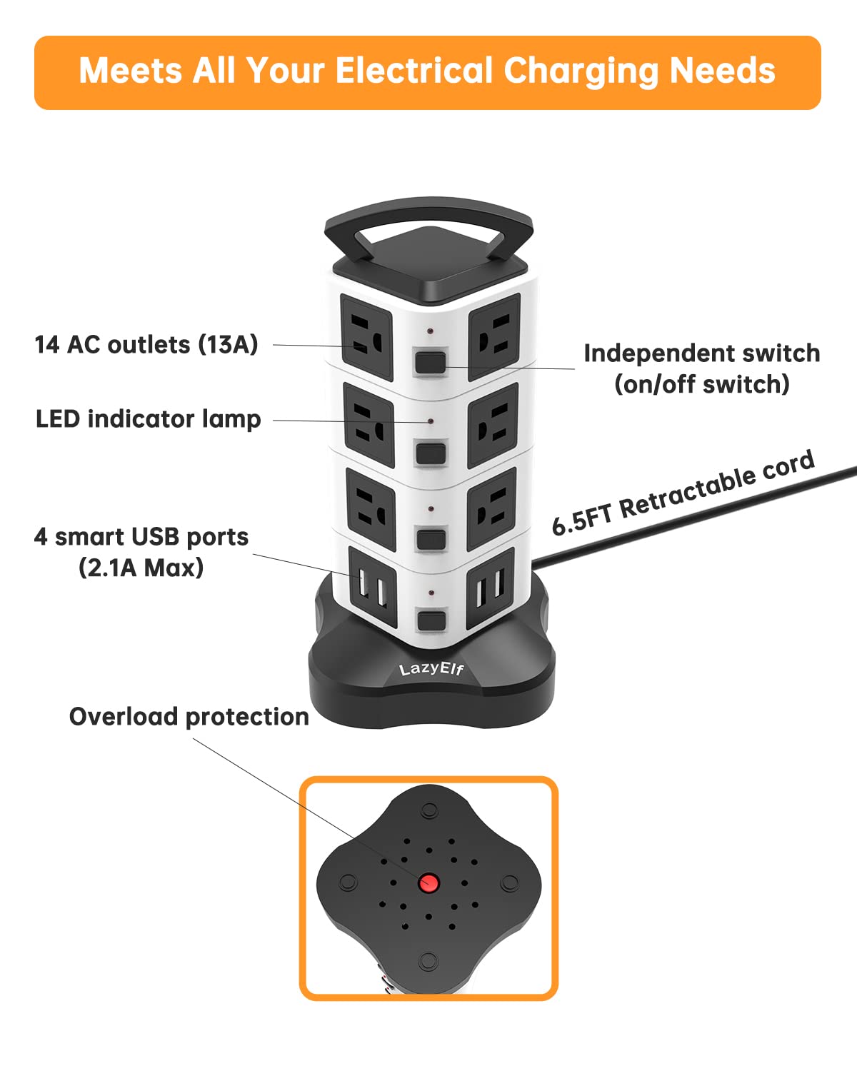 Surge Protector Power Strip Tower with Night Light, Lazy Elf Extension Cord 8 AC Multi Smart Plug Outlets with 4 USB Ports, Flat Plug Outlet (White)