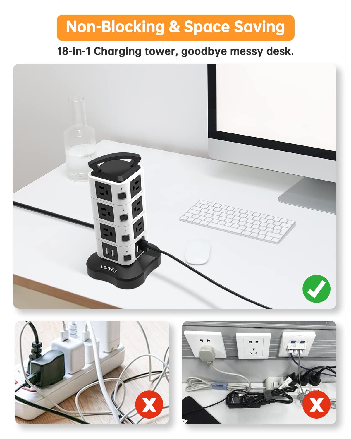 Surge Protector Power Strip Tower with Night Light, Lazy Elf Extension Cord 8 AC Multi Smart Plug Outlets with 4 USB Ports, Flat Plug Outlet (White)