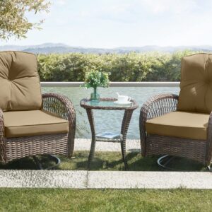 SHA CERLIN 3 Pieces Patio Furniture Set, Outdoor Swivel Glider Rocker, Wicker Patio Bistro Set with Rocking Chair, Cushions and Table (Khaki)