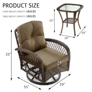 SHA CERLIN 3 Pieces Patio Furniture Set, Outdoor Swivel Glider Rocker, Wicker Patio Bistro Set with Rocking Chair, Cushions and Table (Khaki)