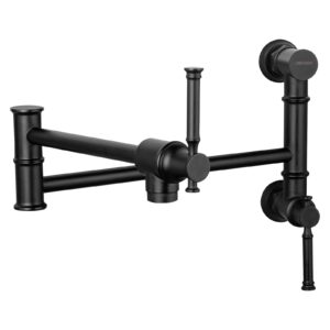 lava odoro matte black pot filler faucet, two attachment pot filler, contemporary wall mount folding kitchen pot filler with swing arm, pf312-mb