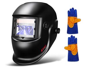 kuject auto darkening welding helmet with welding gloves, true color solar/battery powered welding hood, welding mask with wide shade 4/9-13 for mma tig mig mag arc welder mask