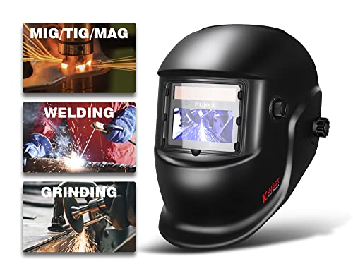 Kuject Auto Darkening Welding Helmet with Welding Gloves, True Color Solar/Battery Powered Welding Hood, Welding Mask With Wide Shade 4/9-13 for MMA TIG MIG MAG Arc Welder Mask