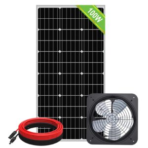 100w solar panel + 25w solar fan, powerful ventilation fan kit solar powered roof vent, 14" dc fan up to 1200cfm large flow, plug & play for chicken kennel stable
