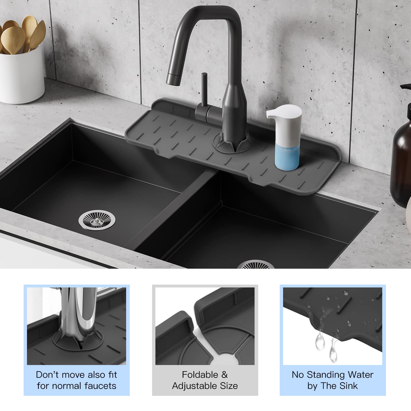 WINALLO Silicone Faucet Mat for Kitchen Sink Splash Guard Silicone Faucet Handle Drip Catcher Tray Sink Protector Pad for Countertop Kitchen Sink Bathroom Bar, Dark Grey