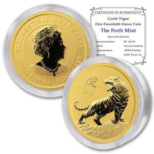 2022 p 1/20 oz gold australian lunar year of the tiger coin brilliant uncirculated (bu) in capsule with certificate of authenticity $5 seller mint state